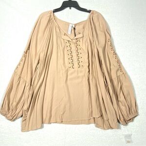 Grace + Karma Boho Blouse Women's 3X Tan VNeck Long Sleeve Flowy Western Top NWT